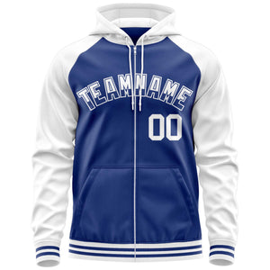 Custom Stitched Royal White Raglan Sleeves Sports Full-Zip Sweatshirt Hoodie