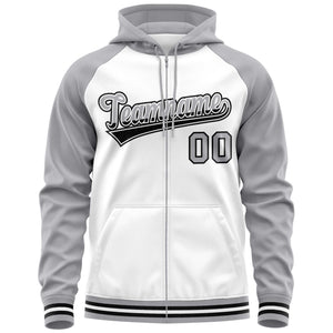 Custom Stitched White Light Gray Raglan Sleeves Sports Full-Zip Sweatshirt Hoodie