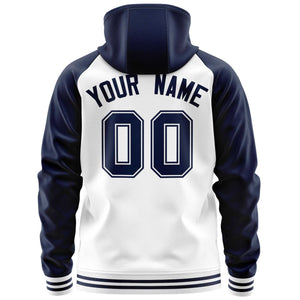 Custom Stitched White Navy Raglan Sleeves Sports Full-Zip Sweatshirt Hoodie