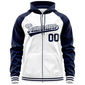 Custom Stitched White Navy Raglan Sleeves Sports Full-Zip Sweatshirt Hoodie