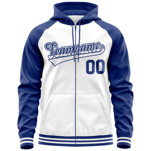 Custom Stitched White Royal Raglan Sleeves Sports Full-Zip Sweatshirt Hoodie