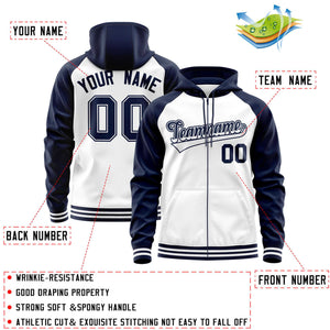 Custom Stitched White Navy Raglan Sleeves Sports Full-Zip Sweatshirt Hoodie