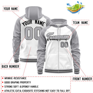 Custom Stitched White Light Gray Raglan Sleeves Sports Full-Zip Sweatshirt Hoodie