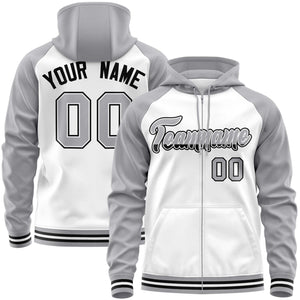 Custom Stitched White Light Gray Raglan Sleeves Sports Full-Zip Sweatshirt Hoodie