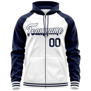 Custom Stitched White Navy Raglan Sleeves Sports Full-Zip Sweatshirt Hoodie