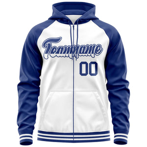 Custom Stitched White Royal Raglan Sleeves Sports Full-Zip Sweatshirt Hoodie