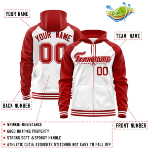 Custom Stitched White Red Raglan Sleeves Sports Full-Zip Sweatshirt Hoodie