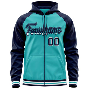 Custom Stitched Aqua Navy Raglan Sleeves Sports Full-Zip Sweatshirt Hoodie