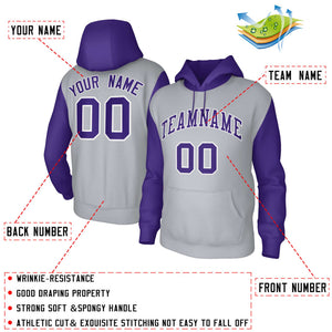 Sweat à capuche personnalisé à manches raglan gris violet-blanc cousu Sportwear