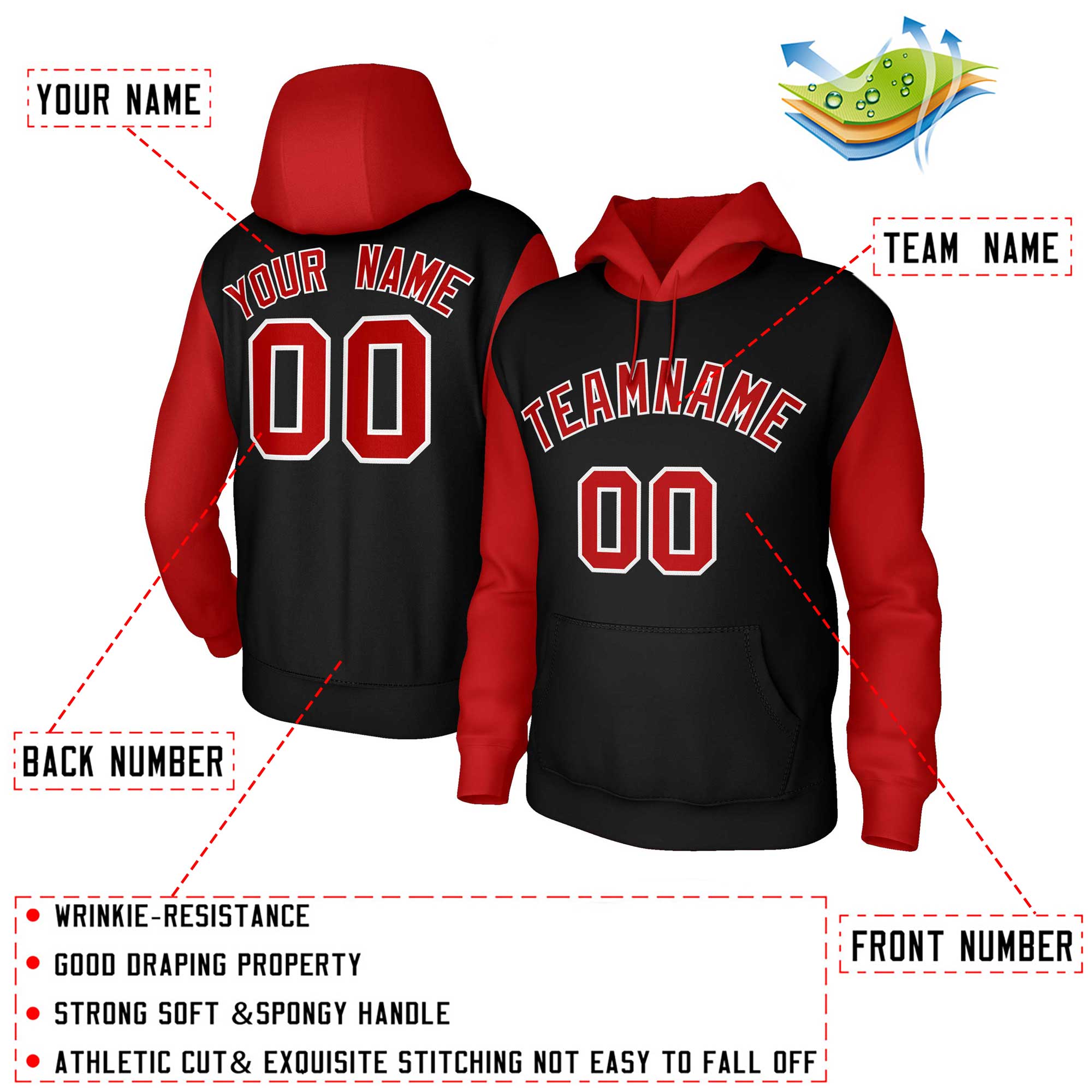 Custom Black Red-White Raglan Sleeves Stitched Sportwear Pullover Hoodie