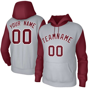 Custom Gray Crimson-White Raglan Sleeves Stitched Sportwear Pullover Hoodie