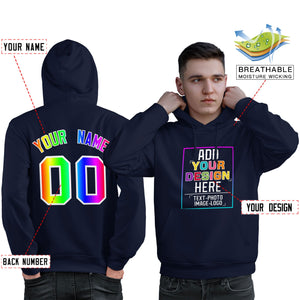 Sweat à capuche personnalisé bleu marine avec police de couleur arc-en-ciel