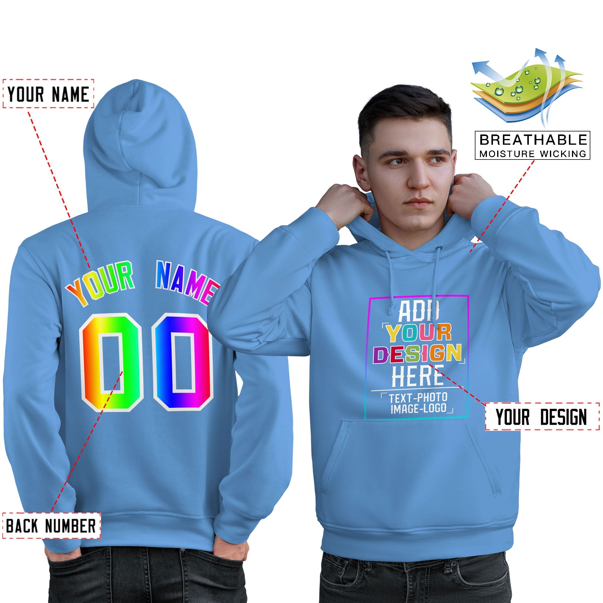 Custom Powder Blue Personalized Rainbow Color Font Team Pullover Sweatshirt Hoodie