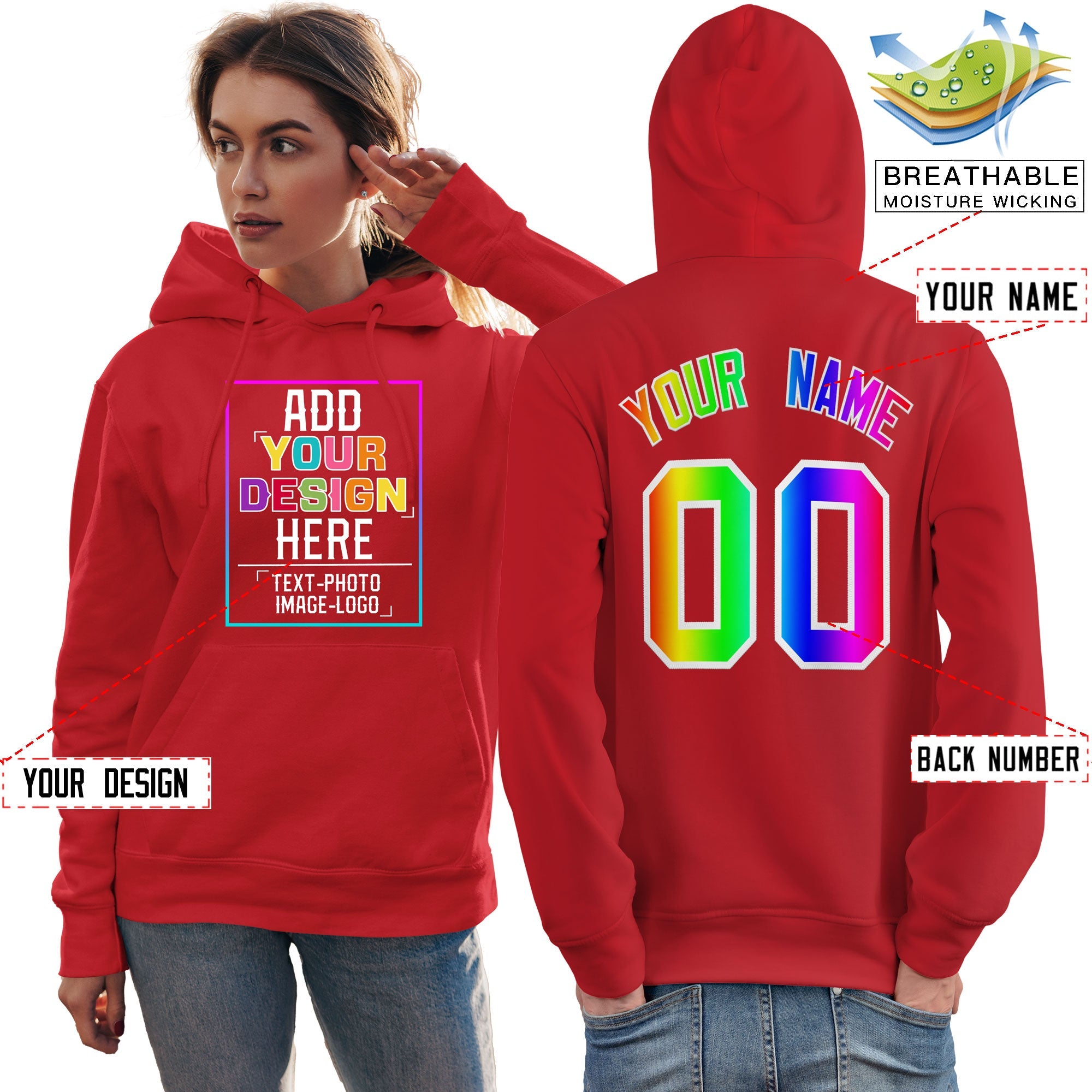 Custom Light Red Personalized Rainbow Color Font Team Pullover Sweatshirt Hoodie