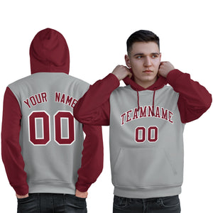 Custom Gray Crimson-White Raglan Sleeves Pullover Personalized Sweatshirt Hoodie