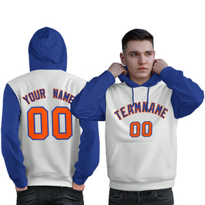 Custom White Royal-Orange Raglan Sleeves Pullover Personalized Sweatshirt Hoodie