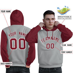 Custom Gray Crimson-White Raglan Sleeves Pullover Personalized Sweatshirt Hoodie