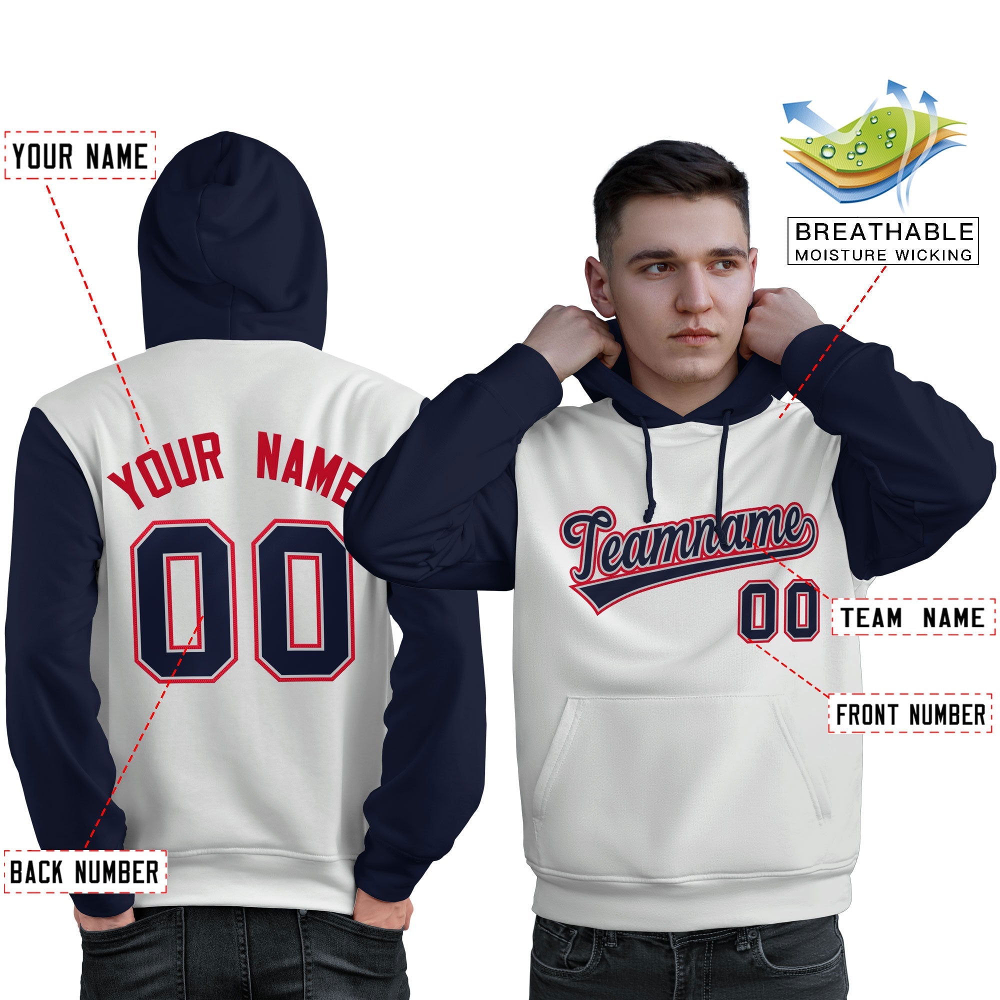 Custom White Navy-Red Raglan Sleeves Pullover Personalized Sweatshirt Hoodie