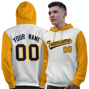 Custom White Navy-Gold Raglan Sleeves Pullover Personalized Sweatshirt Hoodie