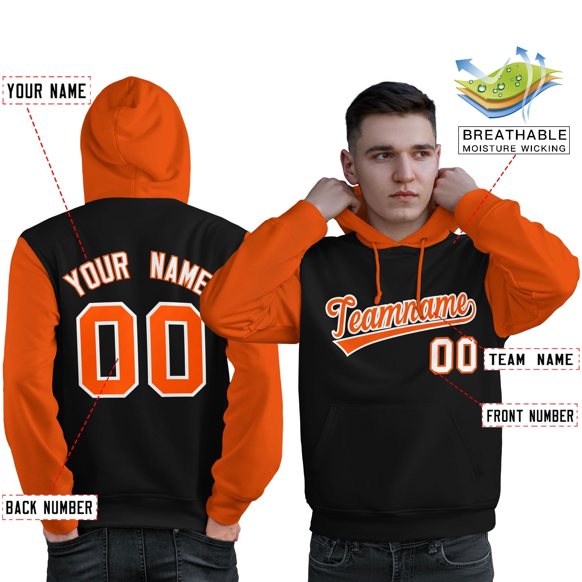 Custom Black Orange-White Raglan Sleeves Pullover Personalized Sweatshirt Hoodie