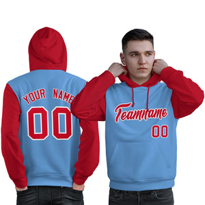 Custom Light Blue Red-White Raglan Sleeves Pullover Personalized Sweatshirt Hoodie