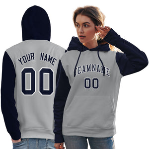 Custom Gray Navy-White Raglan Sleeves Pullover Personalized Team Sweatshirt Hoodie