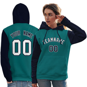 Custom Aqua White-Navy Raglan Sleeves Pullover Personalized Team Sweatshirt Hoodie