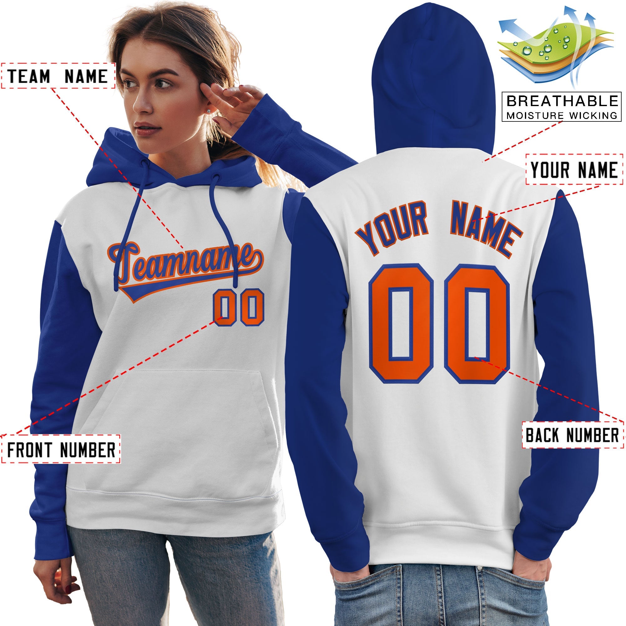 Custom White Royal-Orange Raglan Sleeves Pullover Personalized Team Sweatshirt Hoodie