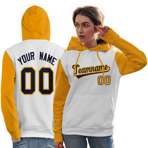 Custom White Navy-Gold Raglan Sleeves Pullover Personalized Team Sweatshirt Hoodie