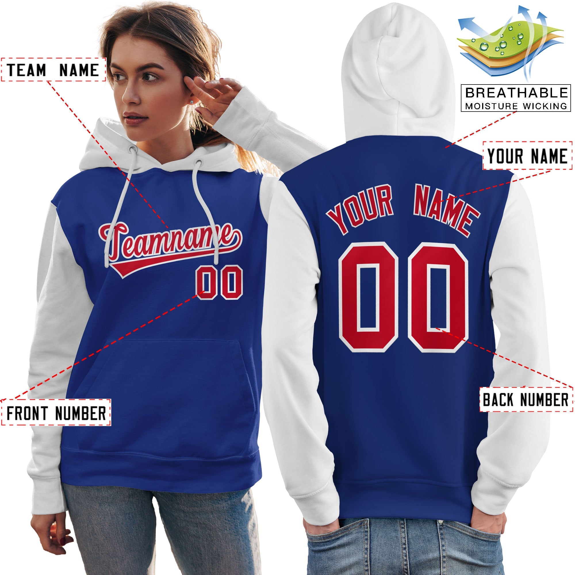 Custom Royal Red-White Raglan Sleeves Pullover Personalized Team Sweatshirt Hoodie