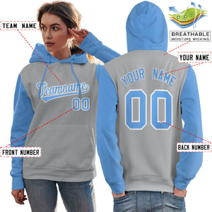 Custom Gray Light Blue-White Raglan Sleeves Pullover Personalized Team Sweatshirt Hoodie