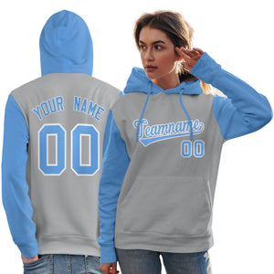 Custom Gray Light Blue-White Raglan Sleeves Pullover Personalized Team Sweatshirt Hoodie