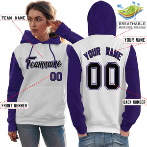 Custom White Black-Purple Raglan Sleeves Pullover Personalized Team Sweatshirt Hoodie