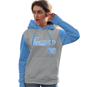 Custom Gray Light Blue-White Raglan Sleeves Pullover Personalized Team Sweatshirt Hoodie