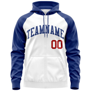 Custom Stitched White Royal Raglan Sleeves Sports Full-Zip Sweatshirt Hoodie