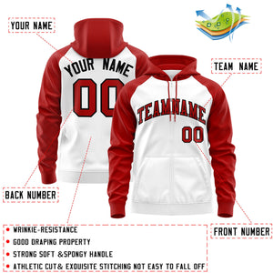 Custom Stitched White Red-Black Raglan Sleeves Sports Full-Zip Sweatshirt Hoodie