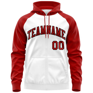 Custom Stitched White Red-Black Raglan Sleeves Sports Full-Zip Sweatshirt Hoodie