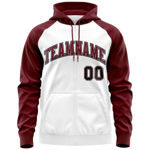 Custom Stitched White Crimson-Black Raglan Sleeves Sports Full-Zip Sweatshirt Hoodie