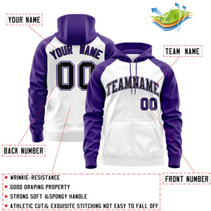 Custom Stitched White Black-Purple Raglan Sleeves Sports Full-Zip Sweatshirt Hoodie