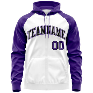 Custom Stitched White Black-Purple Raglan Sleeves Sports Full-Zip Sweatshirt Hoodie