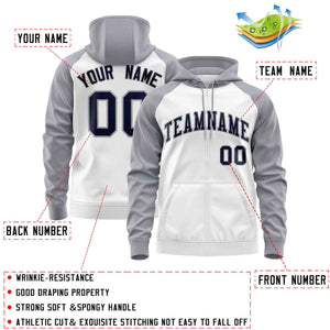 Custom Stitched White Light Gray-Navy Raglan Sleeves Sports Full-Zip Sweatshirt Hoodie