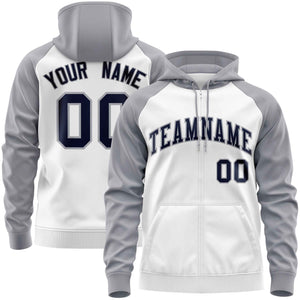 Custom Stitched White Light Gray-Navy Raglan Sleeves Sports Full-Zip Sweatshirt Hoodie