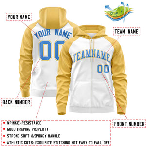 Custom Stitched White Yellow-Powder Blue Raglan Sleeves Sports Full-Zip Sweatshirt Hoodie