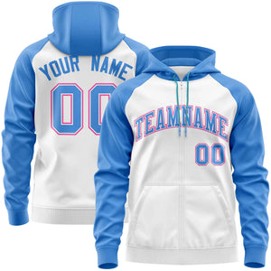 Custom Stitched White Powder Blue Raglan Sleeves Sports Full-Zip Sweatshirt Hoodie