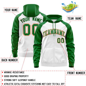 Custom Stitched White Kelly Green Raglan Sleeves Sports Full-Zip Sweatshirt Hoodie