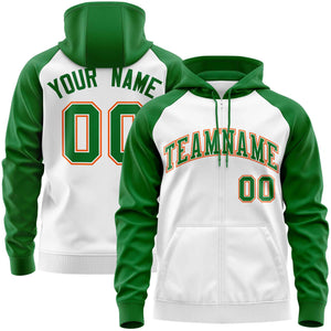 Custom Stitched White Kelly Green Raglan Sleeves Sports Full-Zip Sweatshirt Hoodie