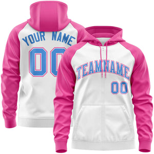 Custom Stitched White Pink-Powder Blue Raglan Sleeves Sports Full-Zip Sweatshirt Hoodie