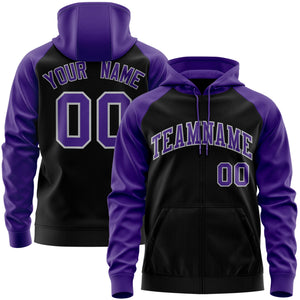 Custom Stitched Black Purple-Gray Raglan Sleeves Sports Full-Zip Sweatshirt Hoodie