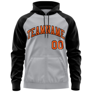 Custom Stitched Gray Orange-Black Raglan Sleeves Sports Full-Zip Sweatshirt Hoodie