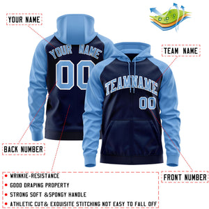 Custom Stitched Navy Light Blue-White Raglan Sleeves Sports Full-Zip Sweatshirt Hoodie